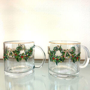 Hand Painted & Jeweled Thick Glass Mug Set of 2 Coquette Christmas Holly & Bows